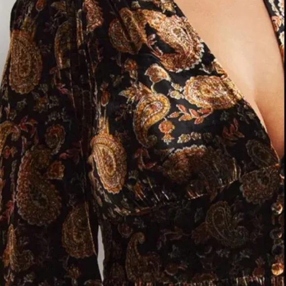 Boden Elsie Black Paisley Velvet Midi Dress Long Sleeve Women’s 10 Petite - Picture 2 of 7